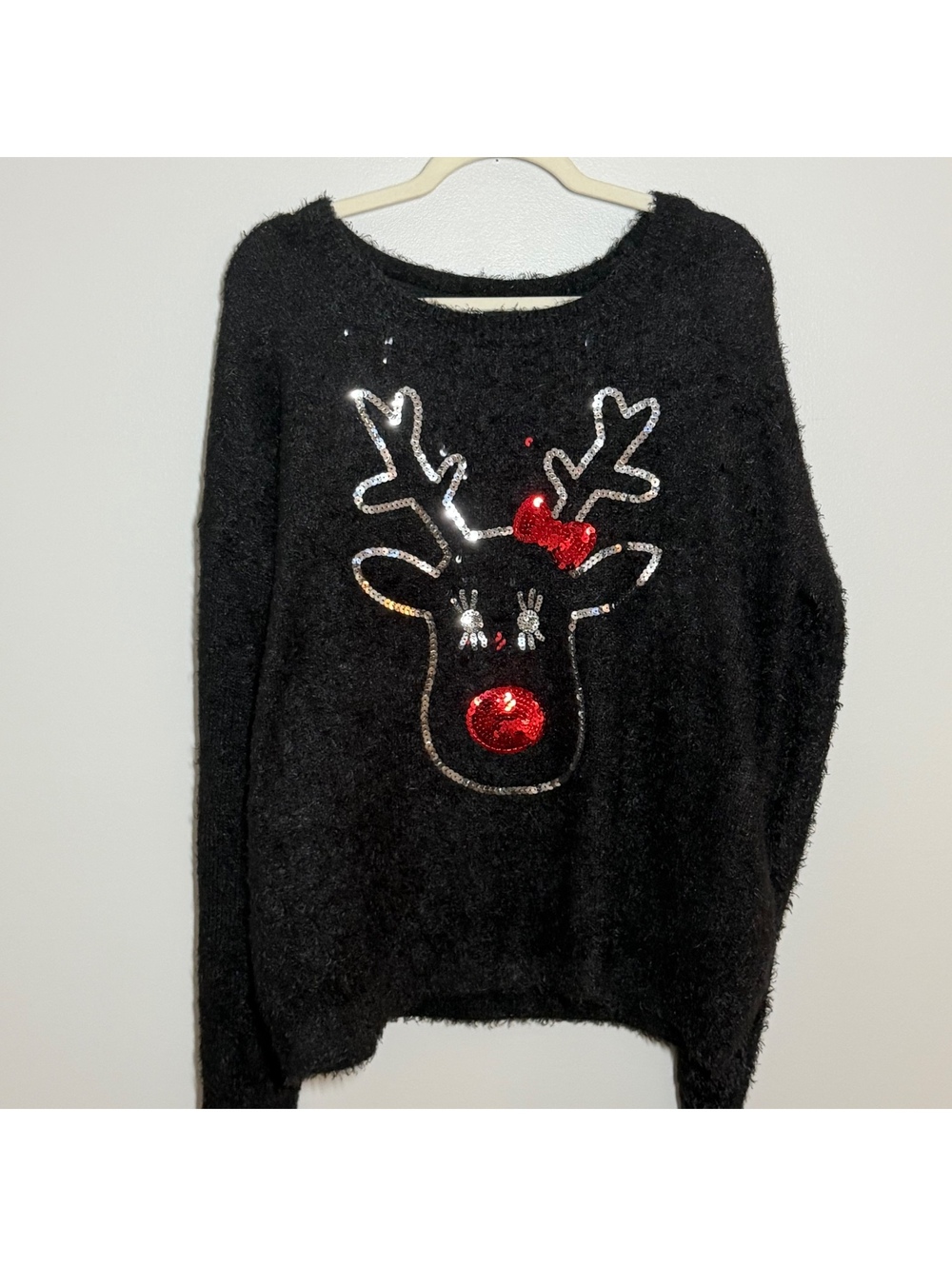 No Boundaries Sequin Reindeer Fuzzy Christmas Sweater XXL Black Holiday
